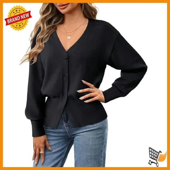 Long Sleeve V-Neck Peplum Cardigan Knitted Button Top Women's Sweater - Picture 3 of 8